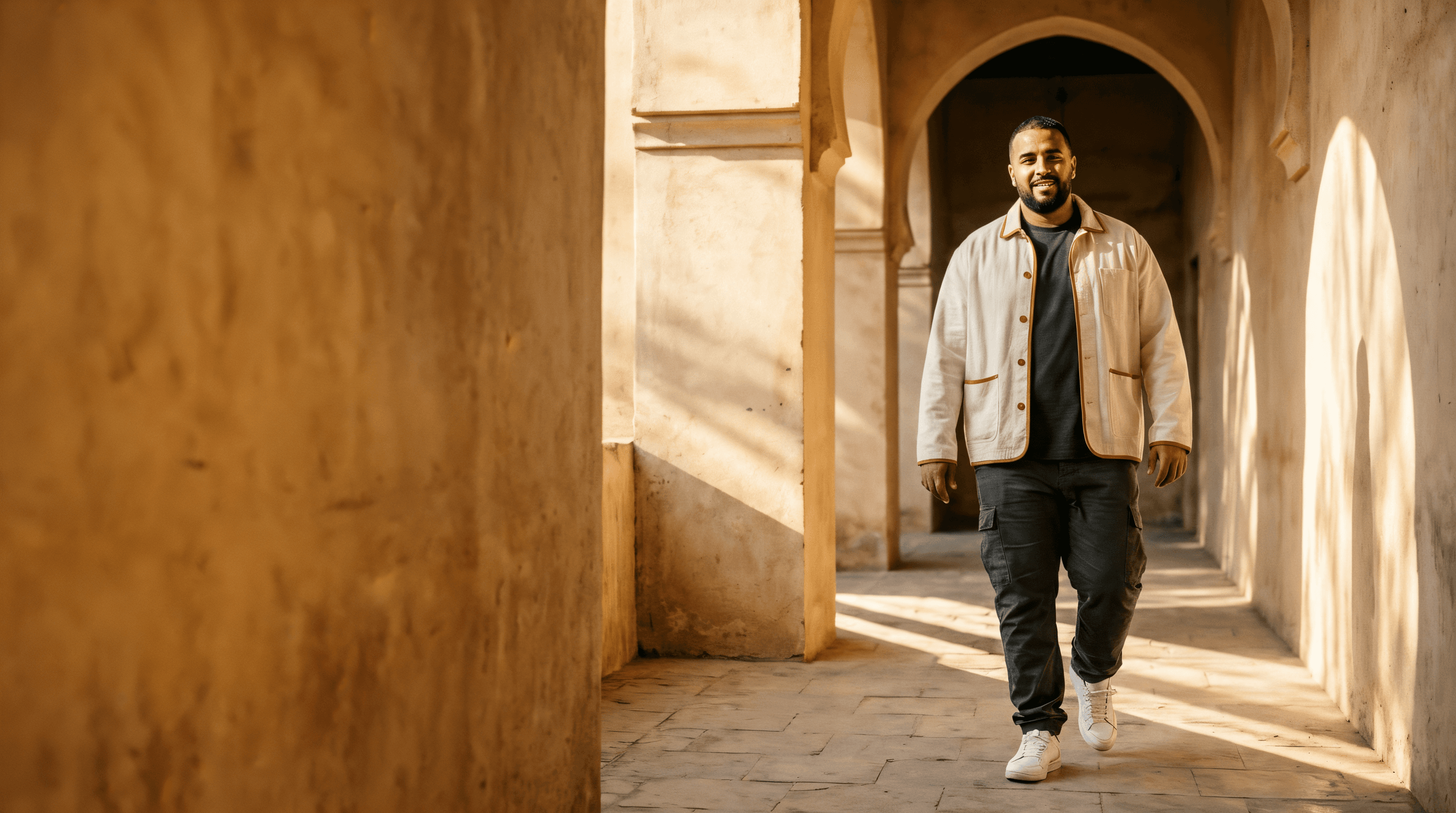 Homme en tenue urbaine contemporaine BADYSS, marchant dans une rue moderne au Maroc.